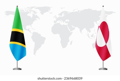 Tanzania and Greenland flags for official meeting against background of world map.