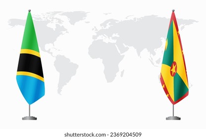 Tanzania and Grenada flags for official meeting against background of world map.