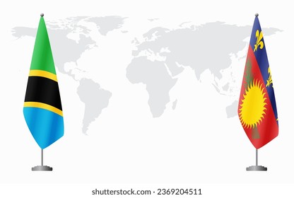 Tanzania and Guadeloupe flags for official meeting against background of world map.