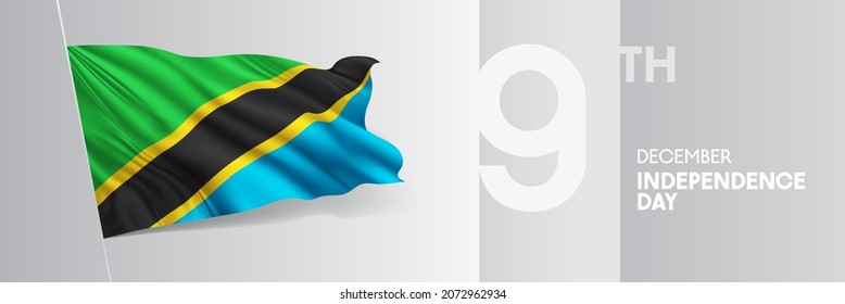 Tanzania happy independence day greeting card, banner vector illustration. Tanzanian national holiday 9th of December design element with 3D waving flag on flagpole
