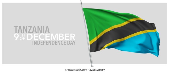 Tanzania happy independence day greeting card, banner with template text vector illustration. Tanzanian memorial holiday 9th of December design element with 3D flag with stripes