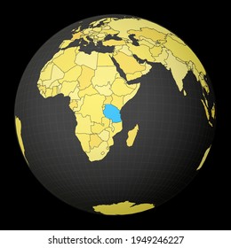 Tanzania highlighted on a dark globe with a yellow world map. Satellite world projection centered on Tanzania. Captivating vector illustration.