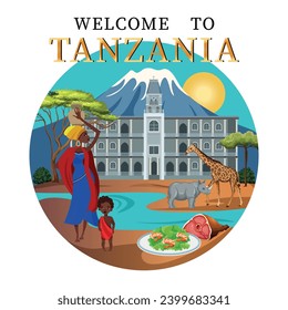 
Tanzania illustration set. Map, national clothes, people, food, architecture, attractions of Tanzania. Vector