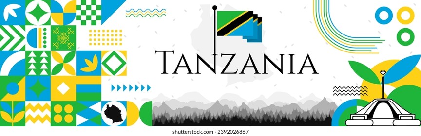 Tanzania Independence Day banner with name and map. Flag color themed Geometric abstract retro modern Design. Green, Blue, yellow and black color vector illustration template graphic design.