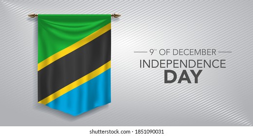 Tanzania independence day greeting card, banner, vector illustration. Tanzanian national day 9th of December background with pennant