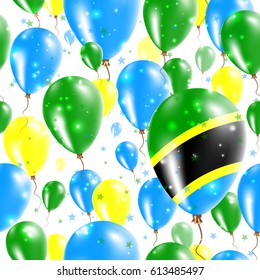 Tanzania Independence Day Seamless Pattern. Flying Rubber Balloons in Colors of the Tanzanian Flag. Happy Tanzania Day Patriotic Card with Balloons, Stars and Sparkles.