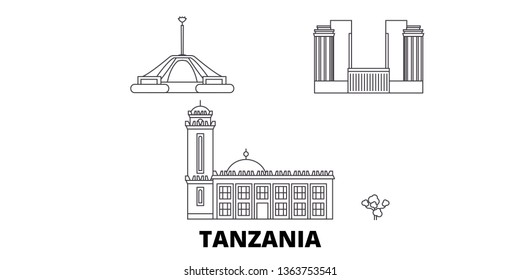 Tanzania line travel skyline set. Tanzania outline city vector illustration, symbol, travel sights, landmarks.