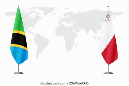 Tanzania and Malta flags for official meeting against background of world map.