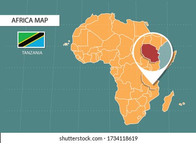 Tanzania map in  Africa zoom version, icons showing Tanzania location and flags.