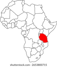 Mapa da Tanzânia, mapa do continente africano destacando o país da Tanzânia	
