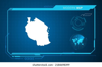 Tanzania map of blue digital frame HUD, GUI, UI interface technology radar vector.