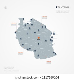 Tanzania map with borders, cities, capital Dodoma and administrative divisions. Infographic vector map. Editable layers clearly labeled.