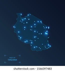 Tanzania map with cities. Luminous dots - neon lights on dark background. Vector illustration. 