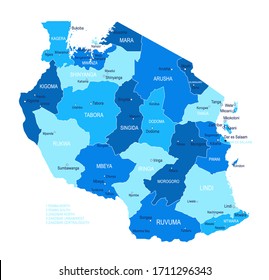 Tanzania Map. Cities, Regions. Vector