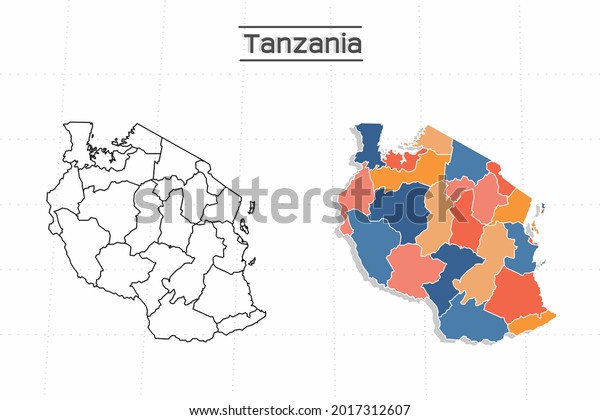 Tanzania map city vector\
divided by colorful outline simplicity style. Have 2 versions,\
black thin line version and colorful version. Both map were on the\
white background.