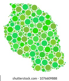 Tanzania Map collage of randomized circle elements in variable sizes and eco green color tints. Vector dots are grouped into tanzania map collage. Ecology geography map design concept.