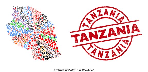 Collage de mapas de Tanzania y goma de la imitación del sello del círculo rojo de Tanzania. La insignia de Tanzania usa líneas vectoriales y arcos. El collage de mapas de Tanzania incluye engranajes, casas, iglesias, soles, estrellas y más íconos.
