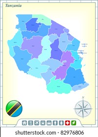 Tanzania Map with Flag Buttons and Assistance & Activates Icons Original Illustration