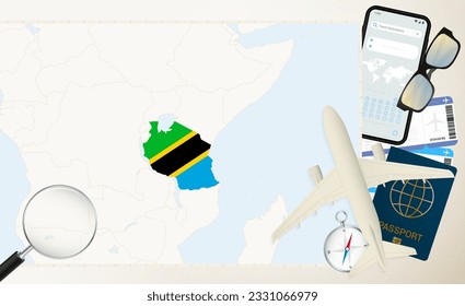 Tanzania map and flag, cargo plane on the detailed map of Tanzania with flag, passport, magnifying glass and airplane. Vector template.