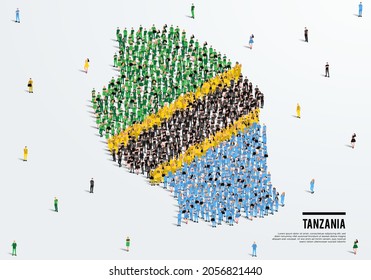 Tanzania Map And Flag. A Large Group Of People In The Tanzania Flag Color Form To Create The Map. Vector Illustration.