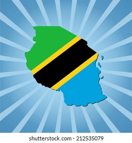 Tanzania map flag on blue sunburst illustration