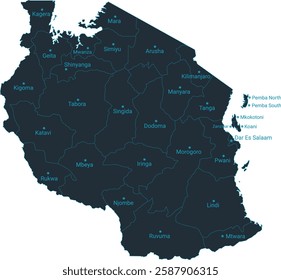 Tanzania map high detailed with administrative divide by state, capital cities names, outline simplicity style. Vector illustration EPS10.