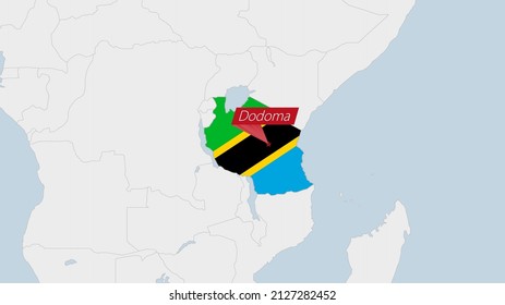 Tanzania map highlighted in Tanzania flag colors and pin of country capital Dodoma, map with neighboring African countries.