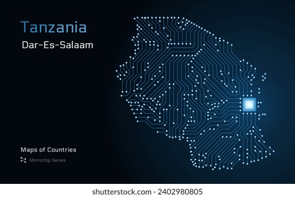 Tanzania Map with a Largest city of Dar es Salaam, and capital Dodoma, Shown in a Microchip Pattern with processor. E-government. World Countries vector maps. Microchip Series	
