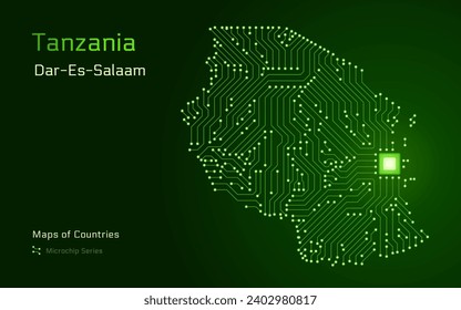 Tanzania Map with a Largest city of Dar es Salaam, and capital Dodoma, Shown in a Microchip Pattern with processor. E-government. World Countries vector maps. Microchip Series	
