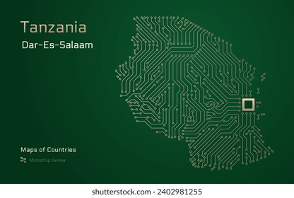 Tanzania Map with a Largest city of Dar es Salaam, and capital Dodoma, Shown in a Microchip Pattern with processor. E-government. World Countries vector maps. Microchip Series	
