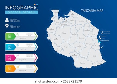 Tanzania map with location pointer marks. High detailed country map with division, cities and capital infographic template. Vector illustration EPS10