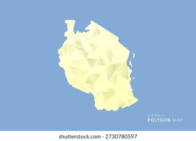 Mapa de Tanzania en estilo de Vector de polígono bajo, ilustración de forma geométrica con tonos amarillos suaves sobre fondo azul, silueta limpia para infografía.