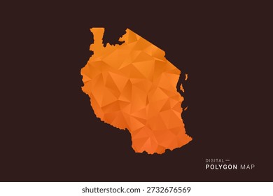 Mapa de Tanzania: Vector de polígono bajo, silueta triangulada geométrica en tonos naranja y marrón oscuro, estilo infográfico moderno y limpio, fondo aislado.