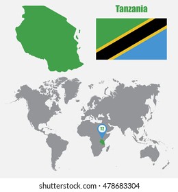Tanzania map on a world map with flag and map pointer. Vector illustration