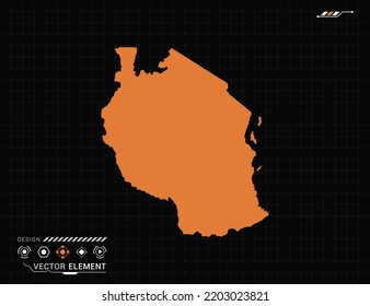 Mapa de Tanzania del marco digital naranja HUD, GUI, interfaz de interfaz de usuario vector de radar.