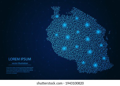 Tanzania map from point blue and glowing stars on a dark background. Vector eps 10.