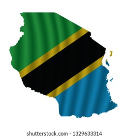 Tanzania Map With Rippled Flag On White Illustration. Waving Fabric Flag Map Of Tanzania. Map Of Africa. Vector White Background. Vector Illustration Eps10.