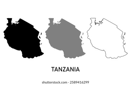 tanzania map in various style outline, black, and gray	
