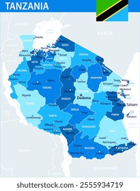 Tanzania Map Vector Blue Spot - Customizable layered political map of Tanzania with administrative divisions for website, education, reports, news, politics, print, poster and wallpaper