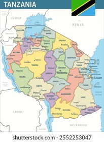 Novo 2024 Colorido - Personalizável mapa político em camadas da Tanzânia com divisões administrativas para site, educação, relatórios, notícias, política, impressão, cartaz e papel de parede