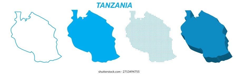 Mapa da Tanzânia Conjunto de vetores, East Africa Contorno Silhueta Pontilhada Formas Sólidas 3D, Tanzânia Country Infographic Template, Editable EPS Tanzania Geography