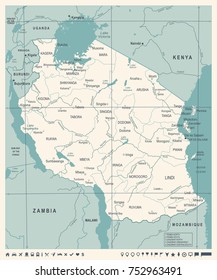 Tanzania Map - Vintage Detailed Vector Illustration