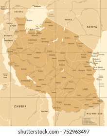 Tanzania Map - Vintage Detailed Vector Illustration