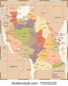 Tanzania Map - Vintage High Detailed Vector Illustration