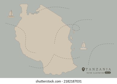 Tanzania Map - World Map International vector template High detailed with brown color isolated on grey background including simple point of location, wind, boat icon - Vector illustration eps 10