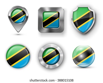 Tanzania Metal and Glass Flag Badges, Buttons, Map marker pin and Shields. Vector illustrations