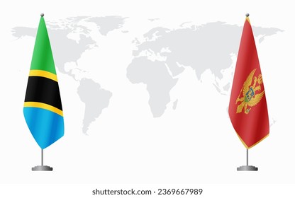 Tanzania and Montenegro flags for official meeting against background of world map.