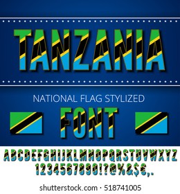 Tanzania National flag stylized Font. Alphabet and Numbers in Vector Set