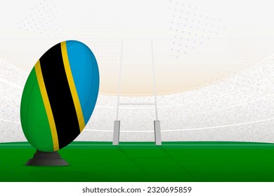 Tanzania national team rugby ball on rugby stadium and goal posts, preparing for a penalty or free kick. Vector illustration.