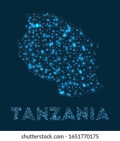 Mapa de la red de Tanzania. Mapa geométrico abstracto del país. Conexión a Internet y diseño de telecomunicaciones. Ilustración vectorial moderna.